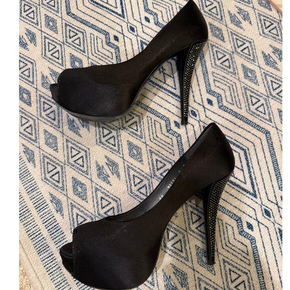 Stuart Weitzman Black Satin Peep Toe Heels with Crystal Stiletto | Size 9.5M - Picture 2 of 5